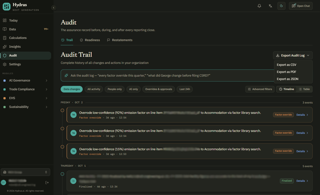 Trail tab with search, quick filters, advanced filters, and a timeline of audit events.