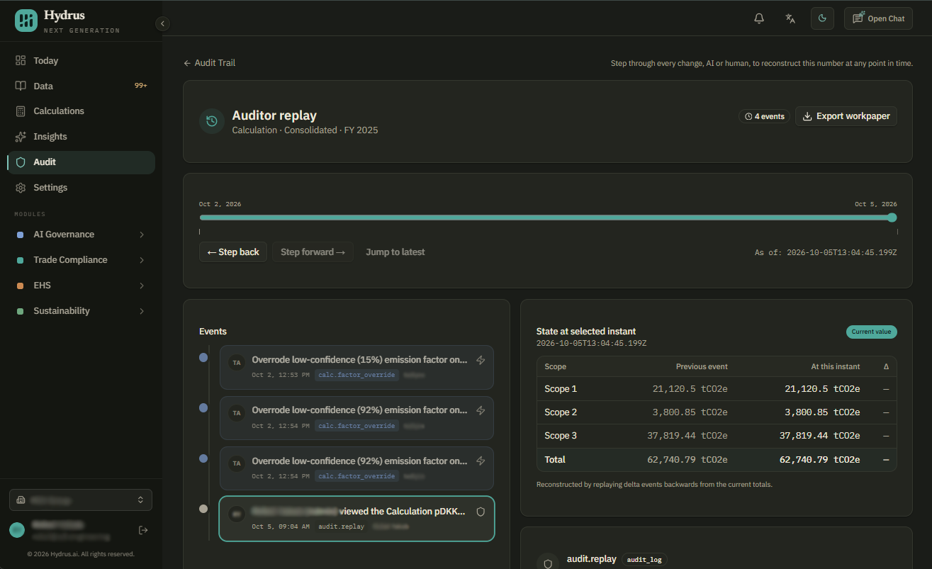 Calculation replay with a timeline slider, step controls, events, and emissions totals at the selected point.