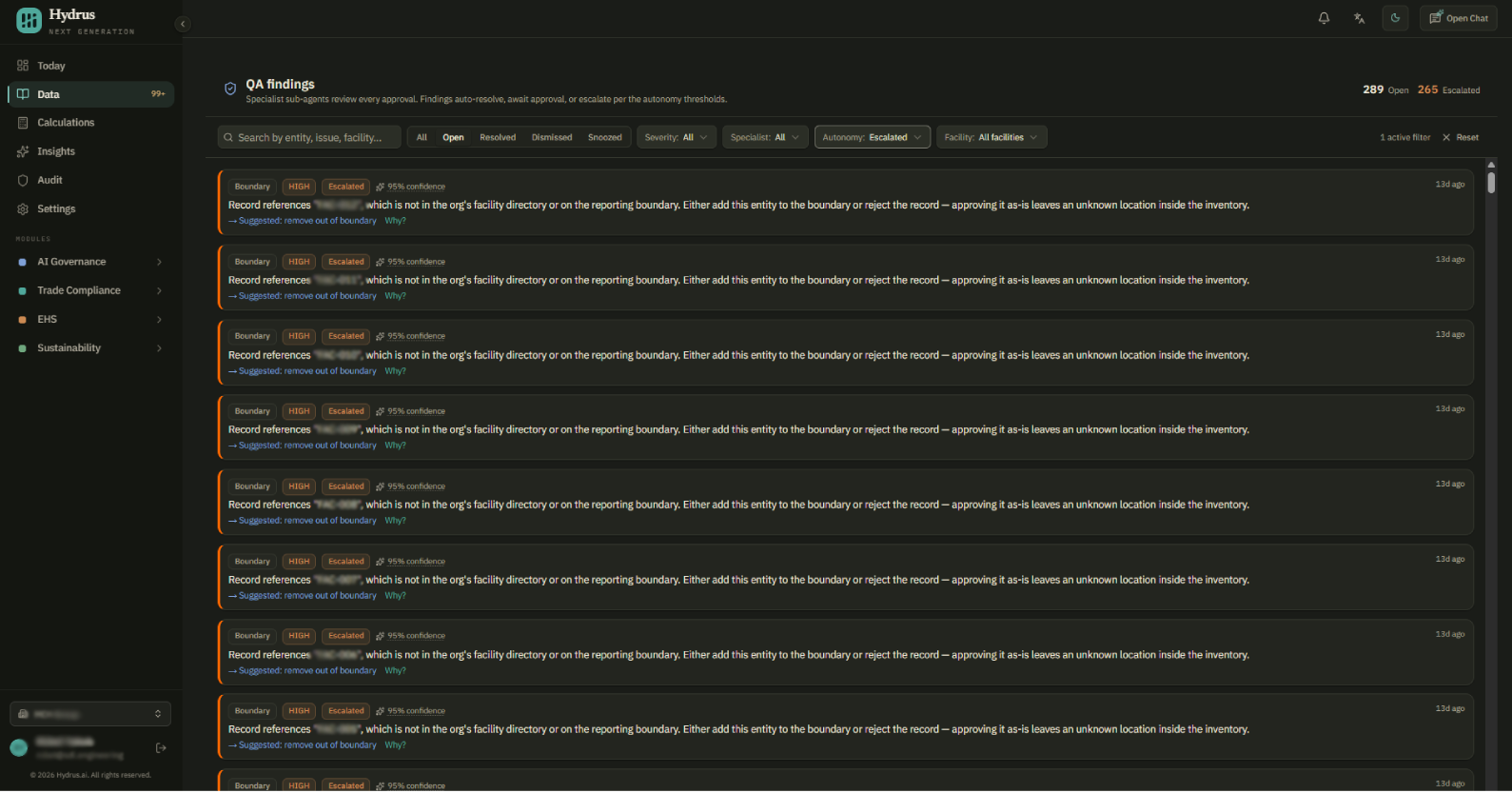 QA findings page with status, severity, specialist, autonomy, and facility filters.