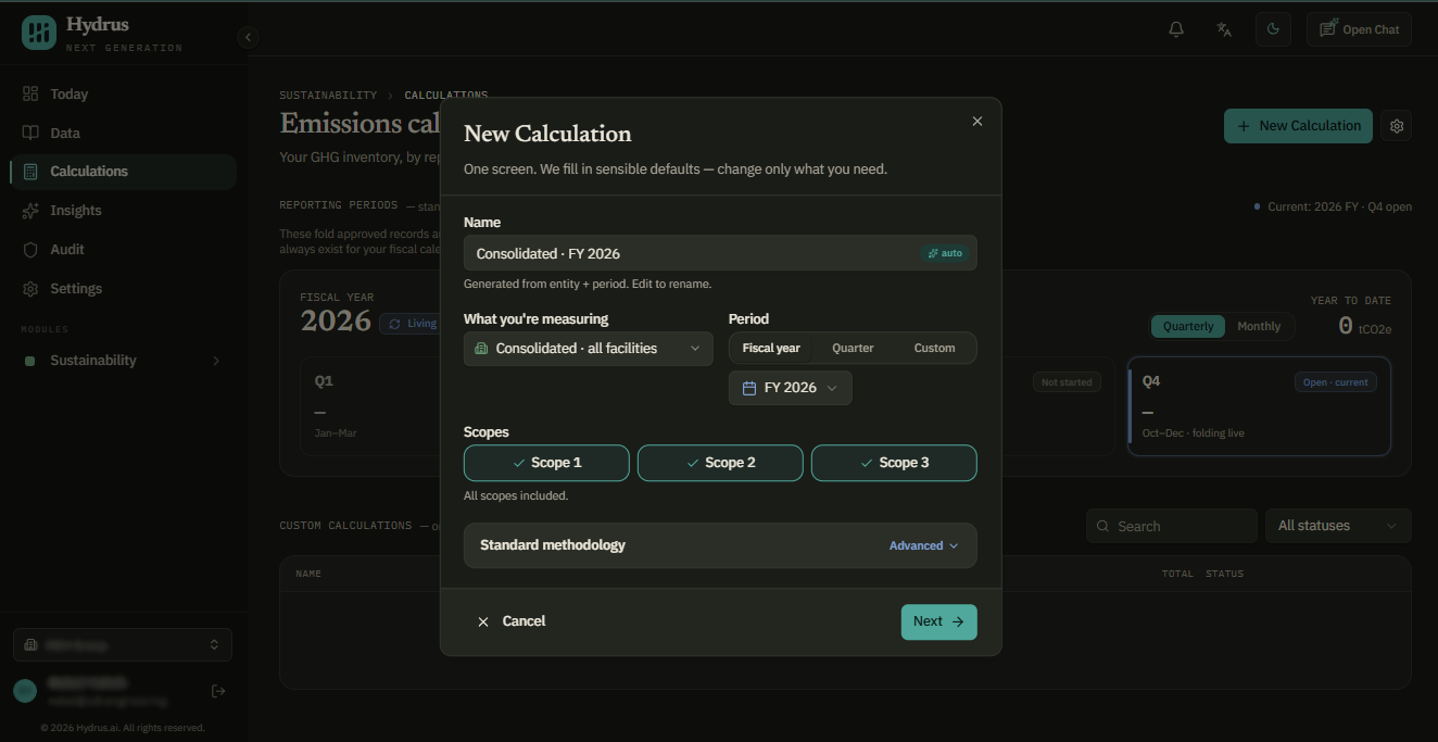 The New Calculation window, with an automatically generated name, the facilities being measured, a Fiscal year, Quarter, or Custom period, and Scope 1, 2, and 3 selected