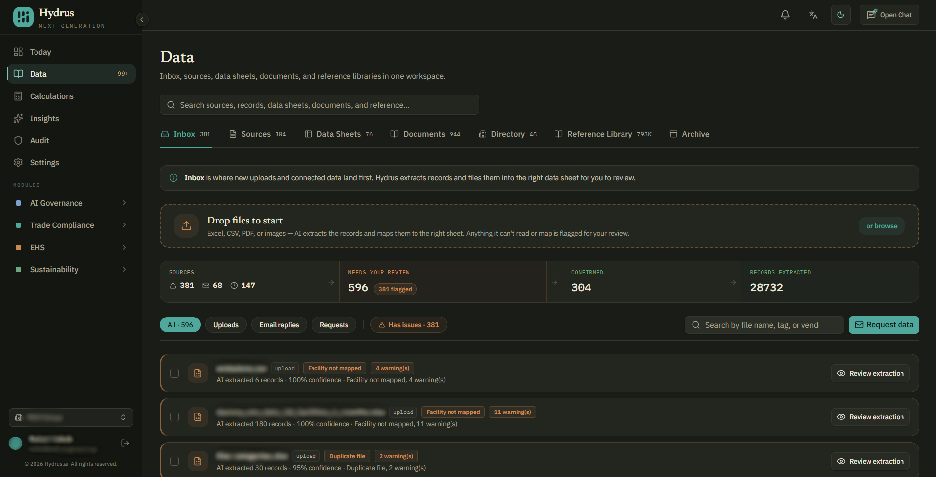 The Data workspace Inbox, with the upload area, a summary of sources and records needing review, the Uploads, Email replies, Requests, and Has issues filters, and uploads flagged with issues such as Facility not mapped and Duplicate file