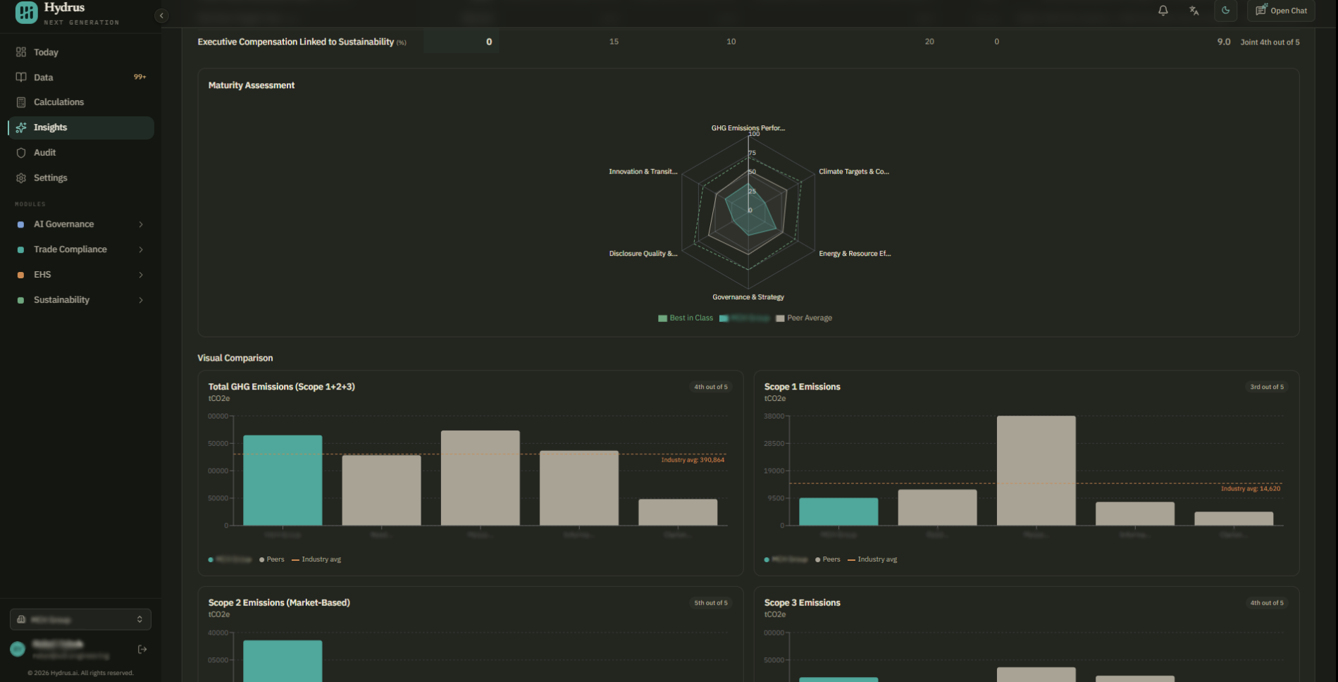 Peer benchmark details with the Maturity Assessment chart and comparison charts