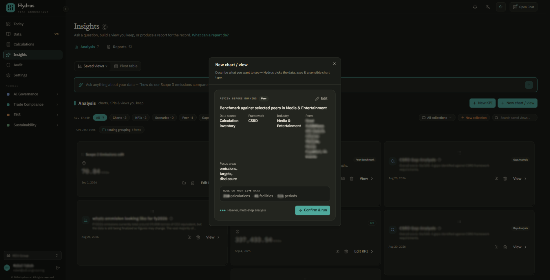 Peer analysis settings and the plan to review before selecting Confirm & run