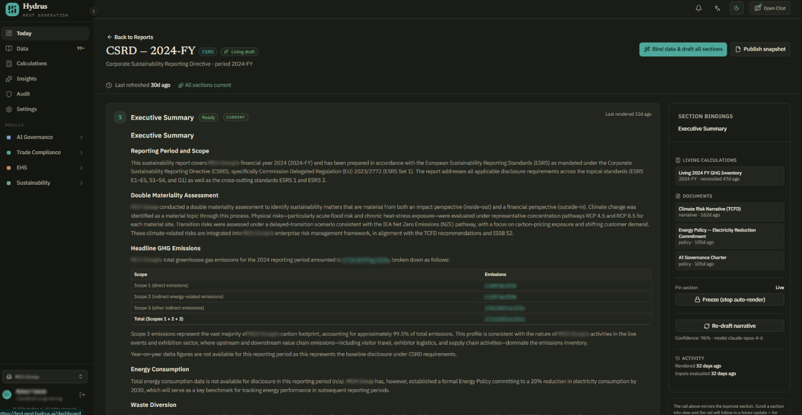 Living draft with refresh information, draft actions, section labels, and the Section bindings panel.