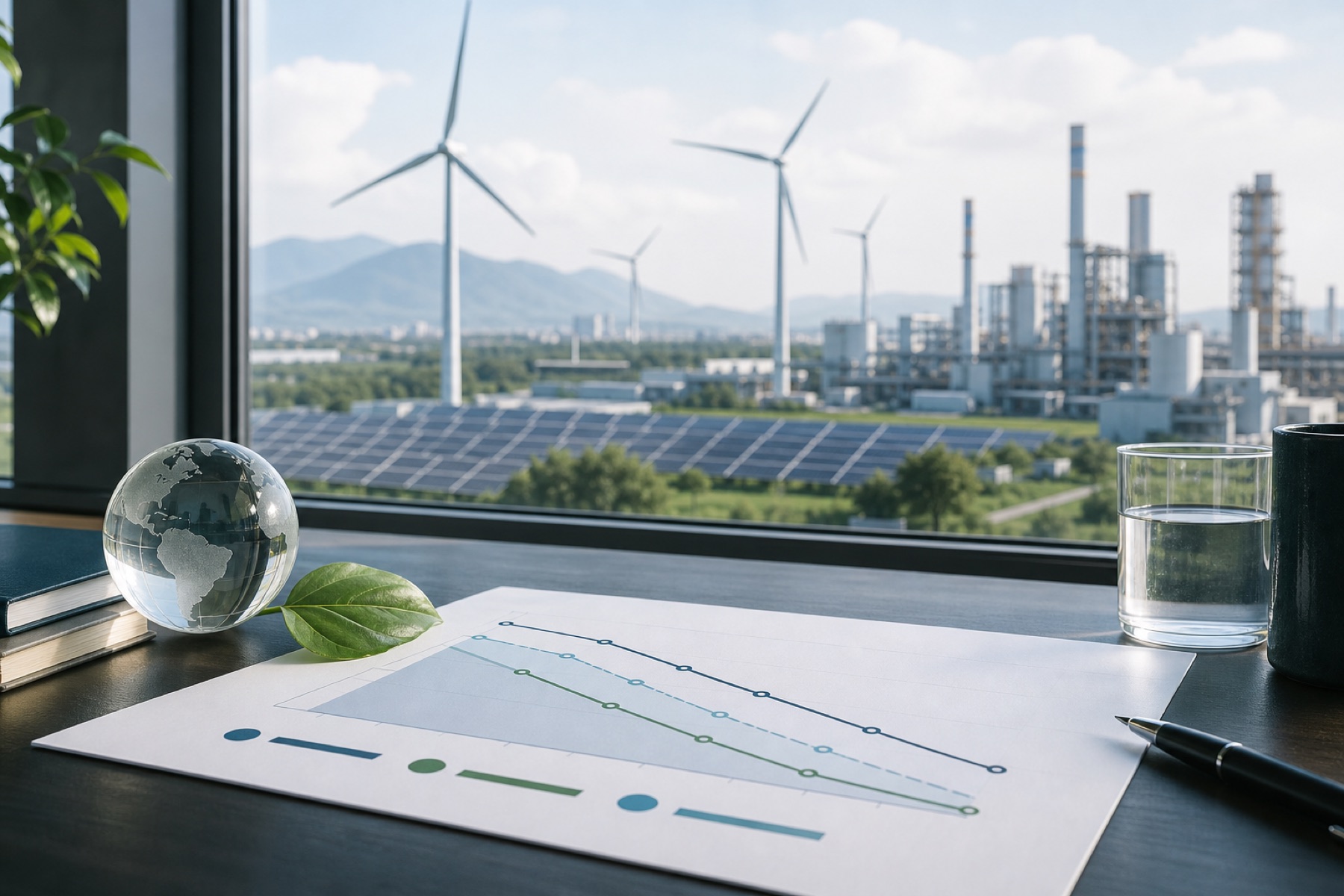 Emissions reduction chart overlooking renewable energy and an industrial facility